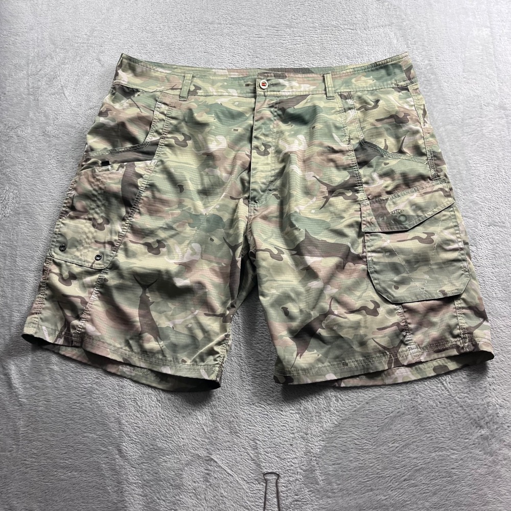 AFTCO Mens Camo Fishing Shorts Size 40 Green Ripstop Cargo Plier Pocket Tactical